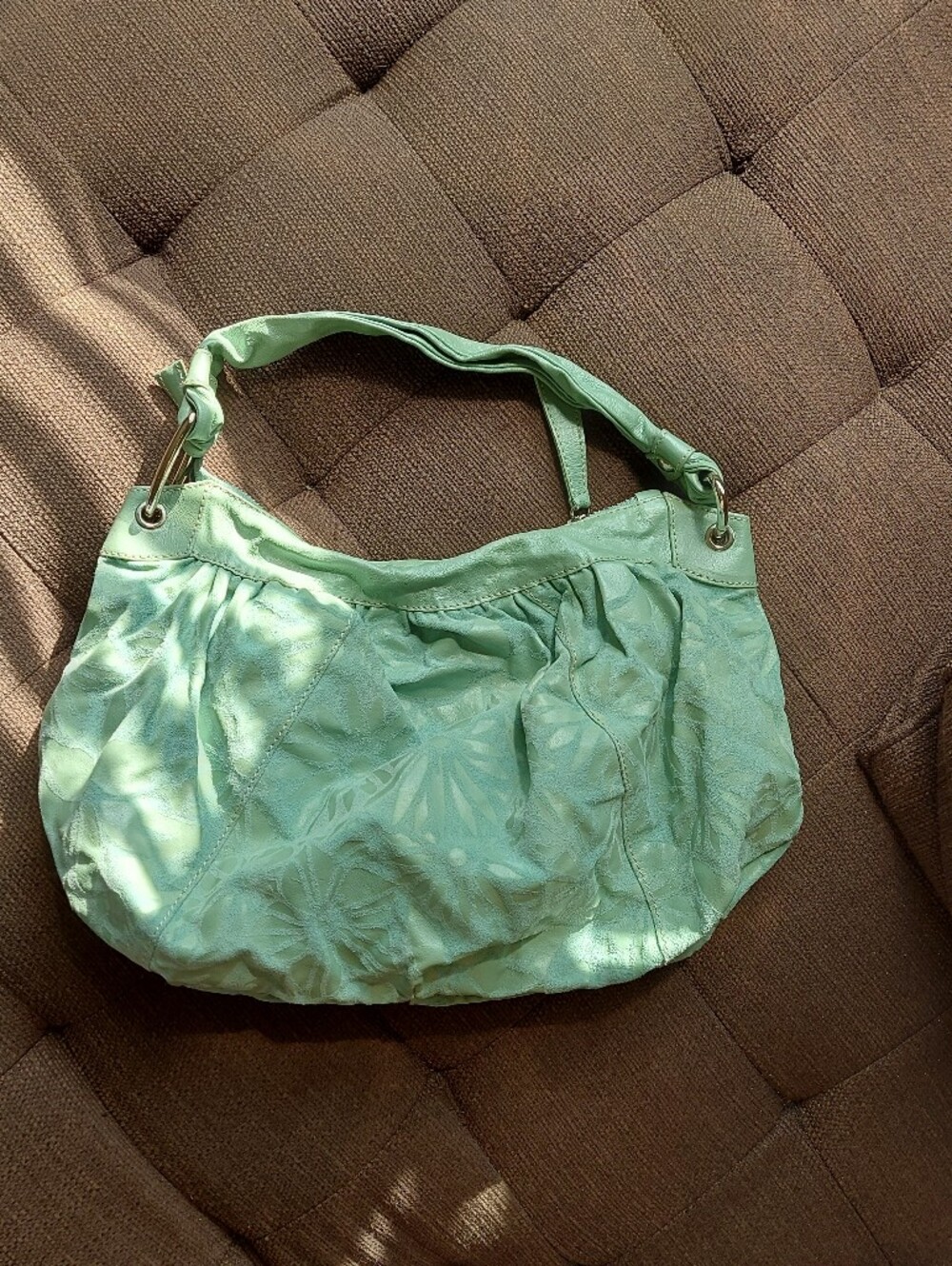 Mint Green Vintage L'incontro Genuine Leather and Suede Bag With A Floral Design